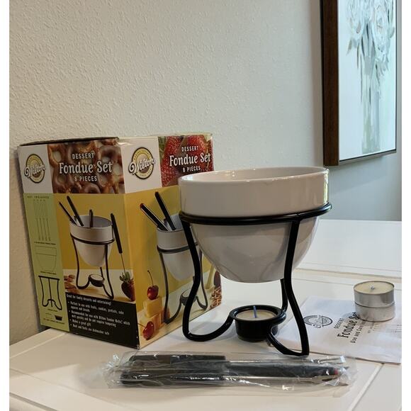 Vtg 2003 Wilton Dessert Fondue 8pcs Set 4 Forks Bowl Stand Candles Holder NOS - Picture 5 of 8